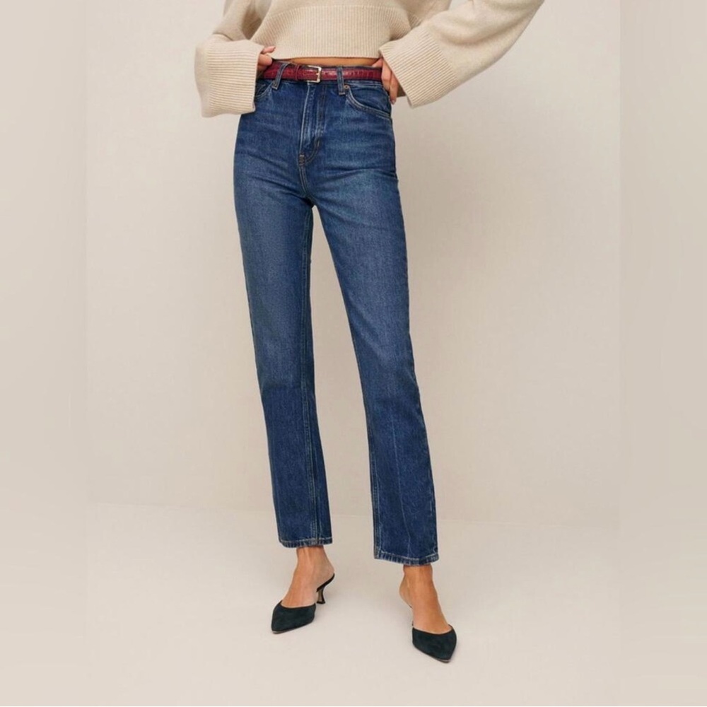 Reformation Liza Ultra High Rise Dark Blue Straight Leg Jeans 27